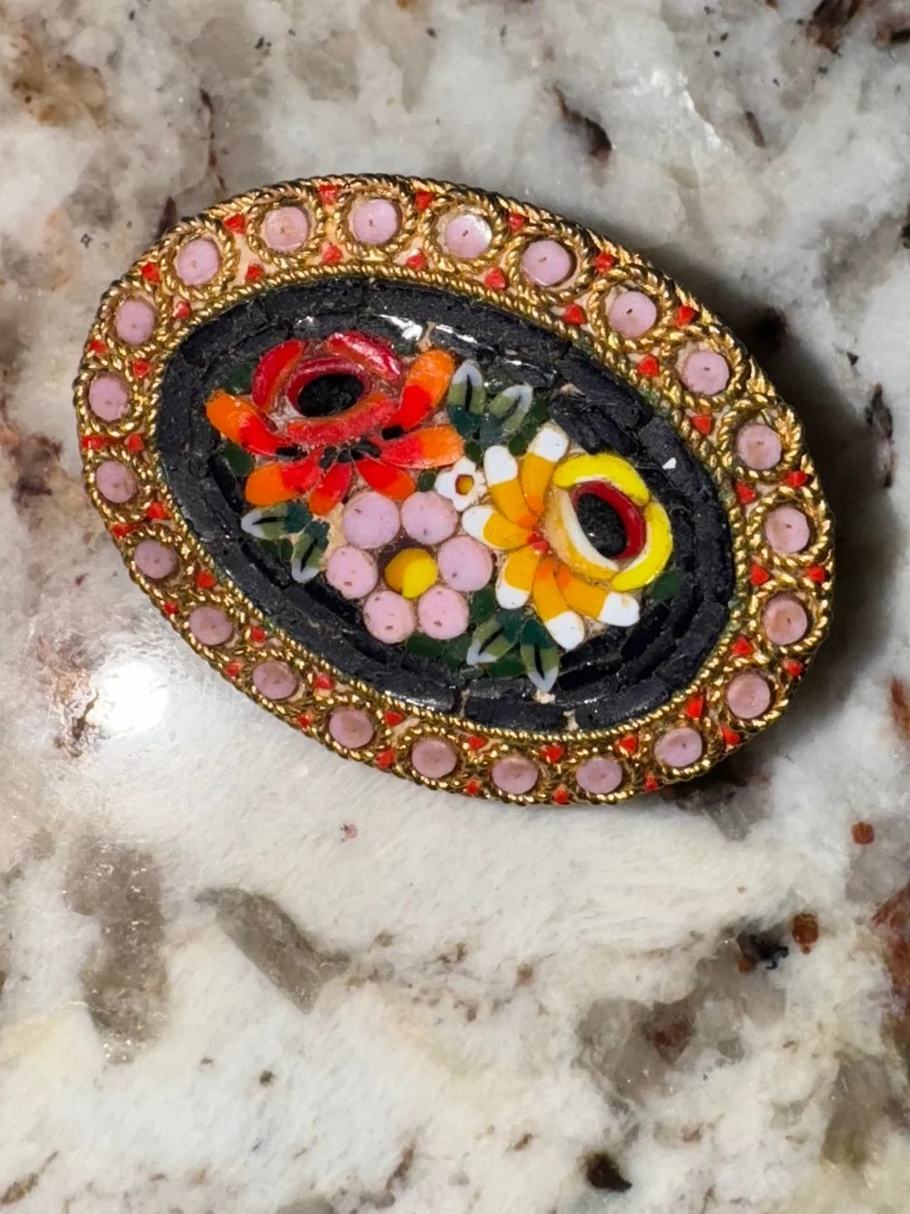 Vintage Italian Micro Mosaic Floral Brooch Pin - Oval Gold Tone